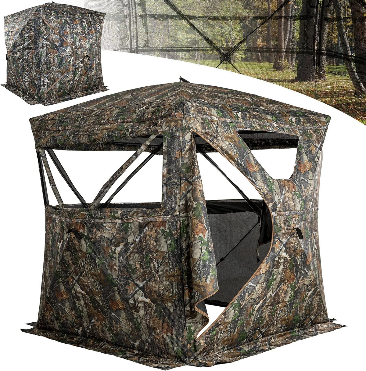 Lenotos hunting blind shows 270-degree view panels for broad field visibility.