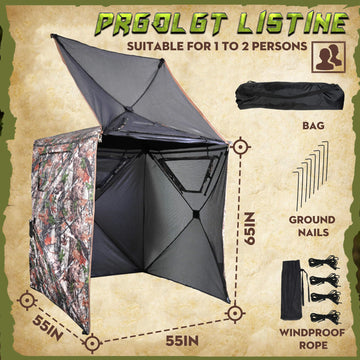 Lenotos hunting blind accommodates 2-3 hunters with base 55x55 inches.