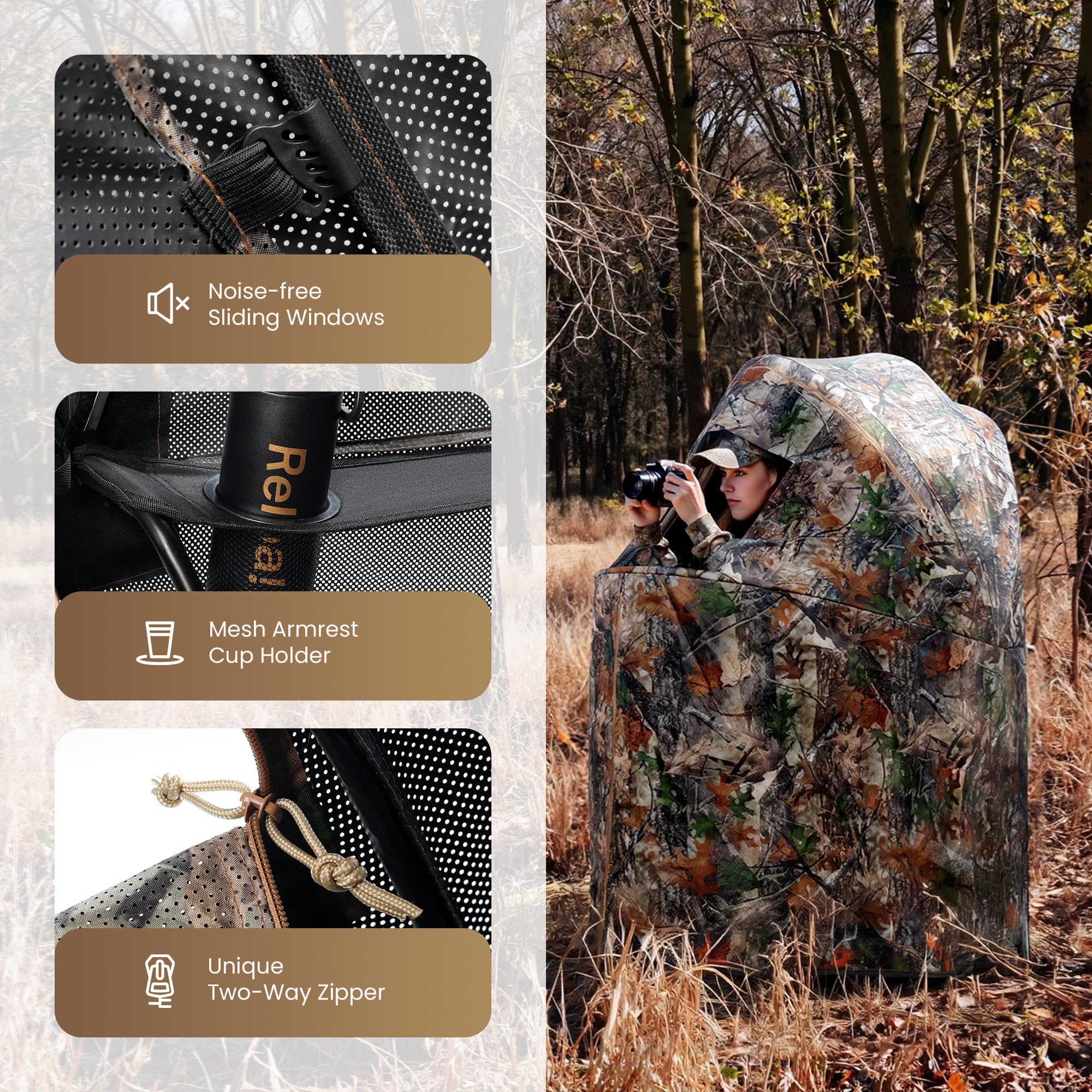 Lenotos hunting blind built-in chair emphasizes comfort during long waits.
