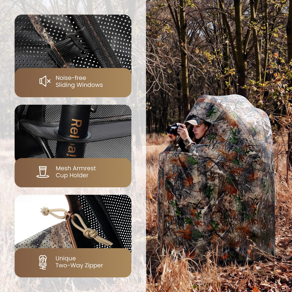 Lenotos hunting blind built-in chair emphasizes comfort during long waits.