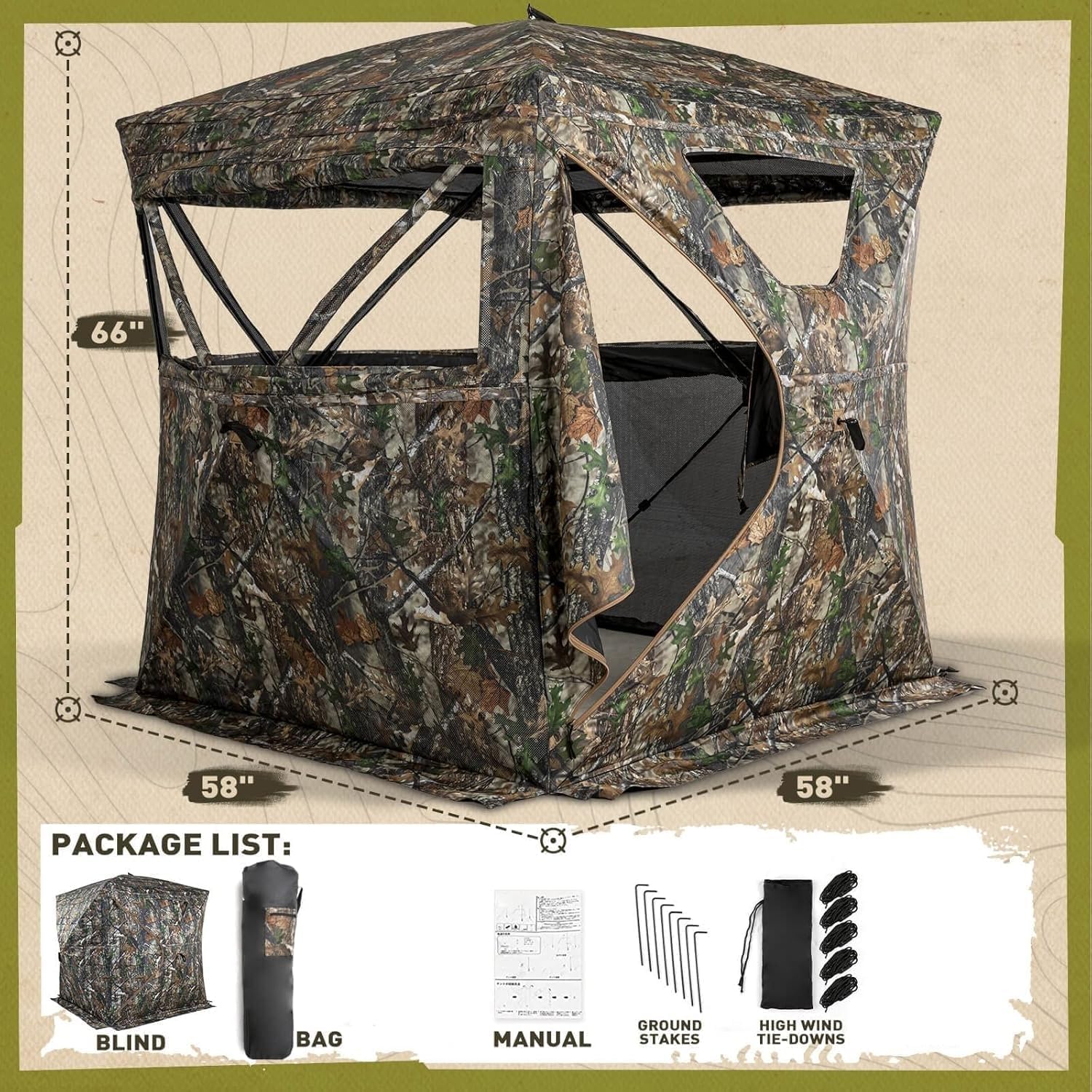 Lenotos hunting blind five-hub design delivers wind-stable durability.