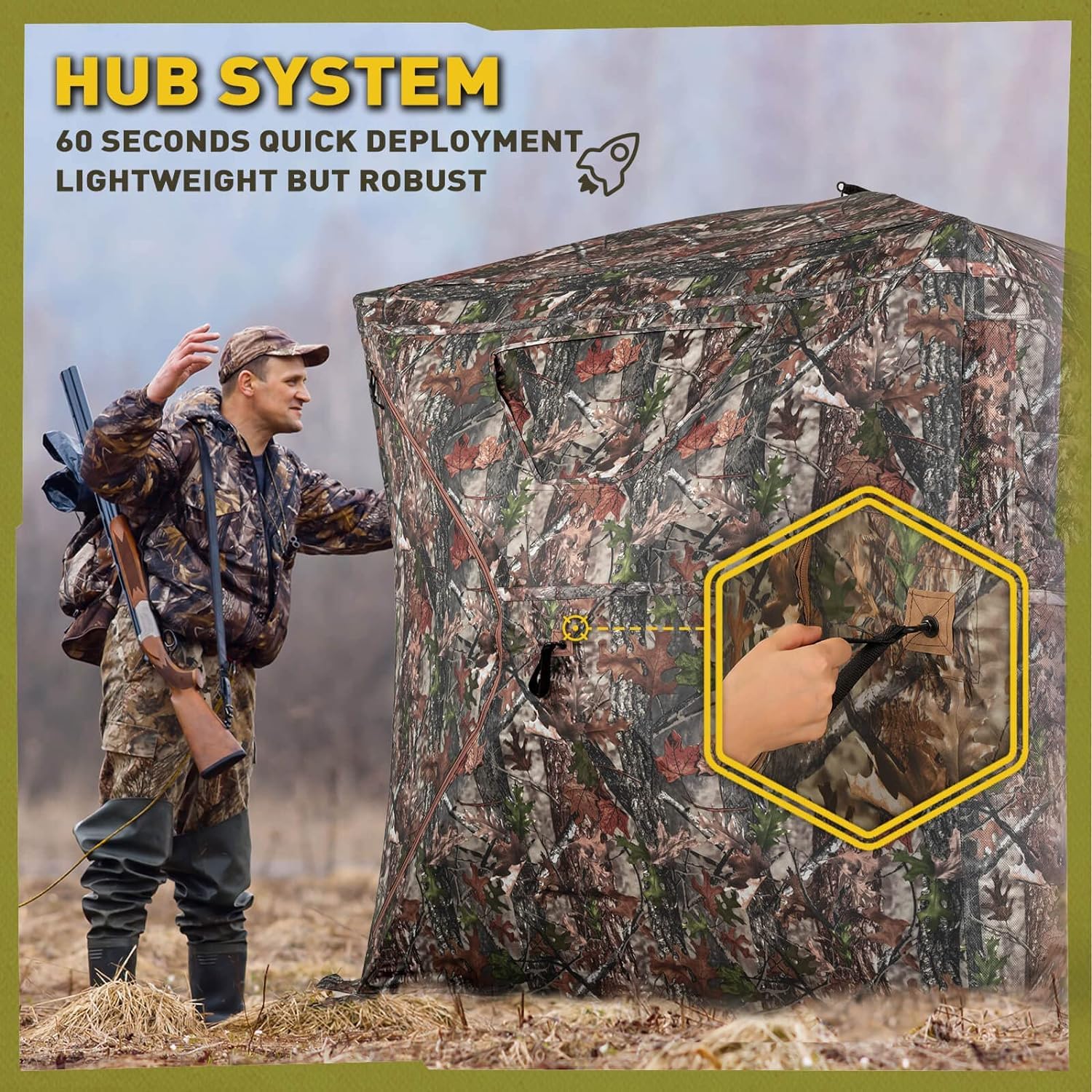 Lenotos hunting blind spacious interior highlights 66-inch height for comfort.