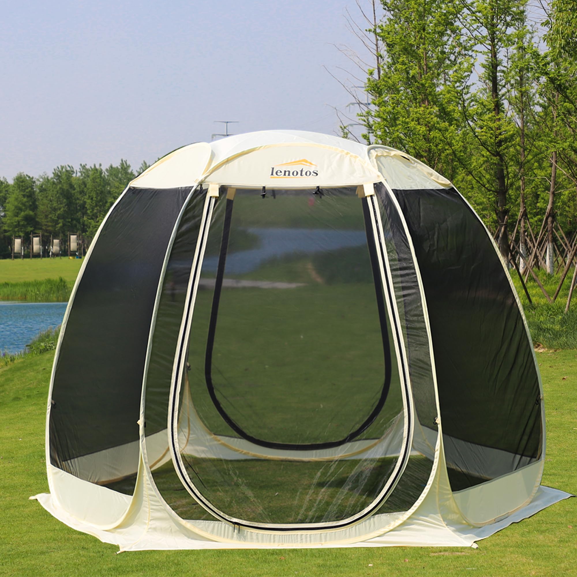 Lenotos pop-up screen house front view shows roomy 10x10 shelter with insect protection.