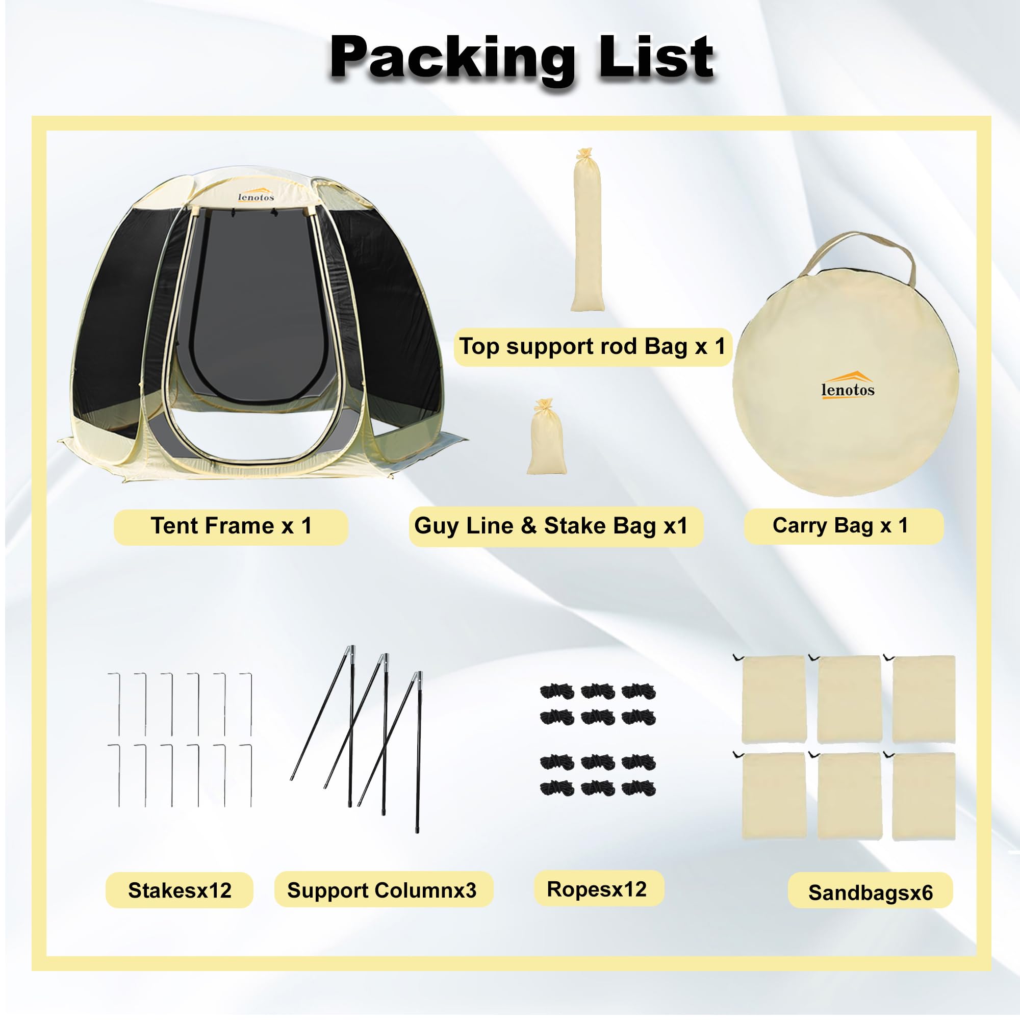 Lenotos carry bag image conveys portable shelter with compact fold for travel.
