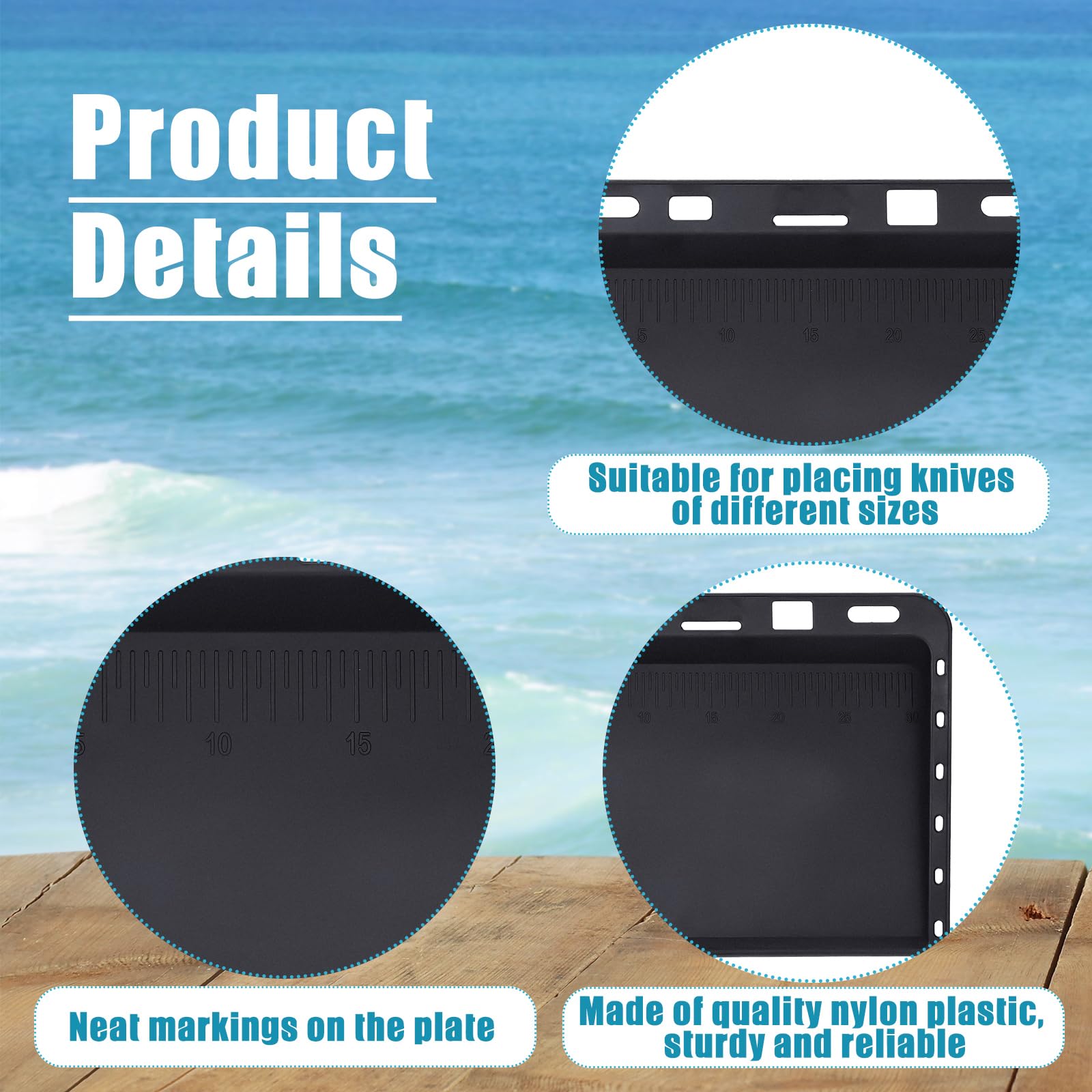 Panoramic view of boat bait table cutting board with slots for lures and knives