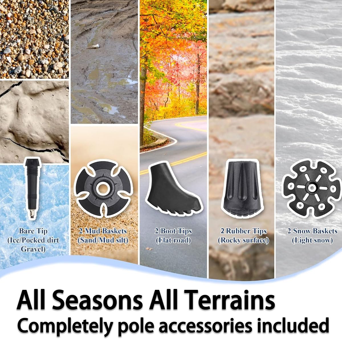 Lenzik tungsten tips and baskets provide solid footing on rocky, muddy, and snowy terrain