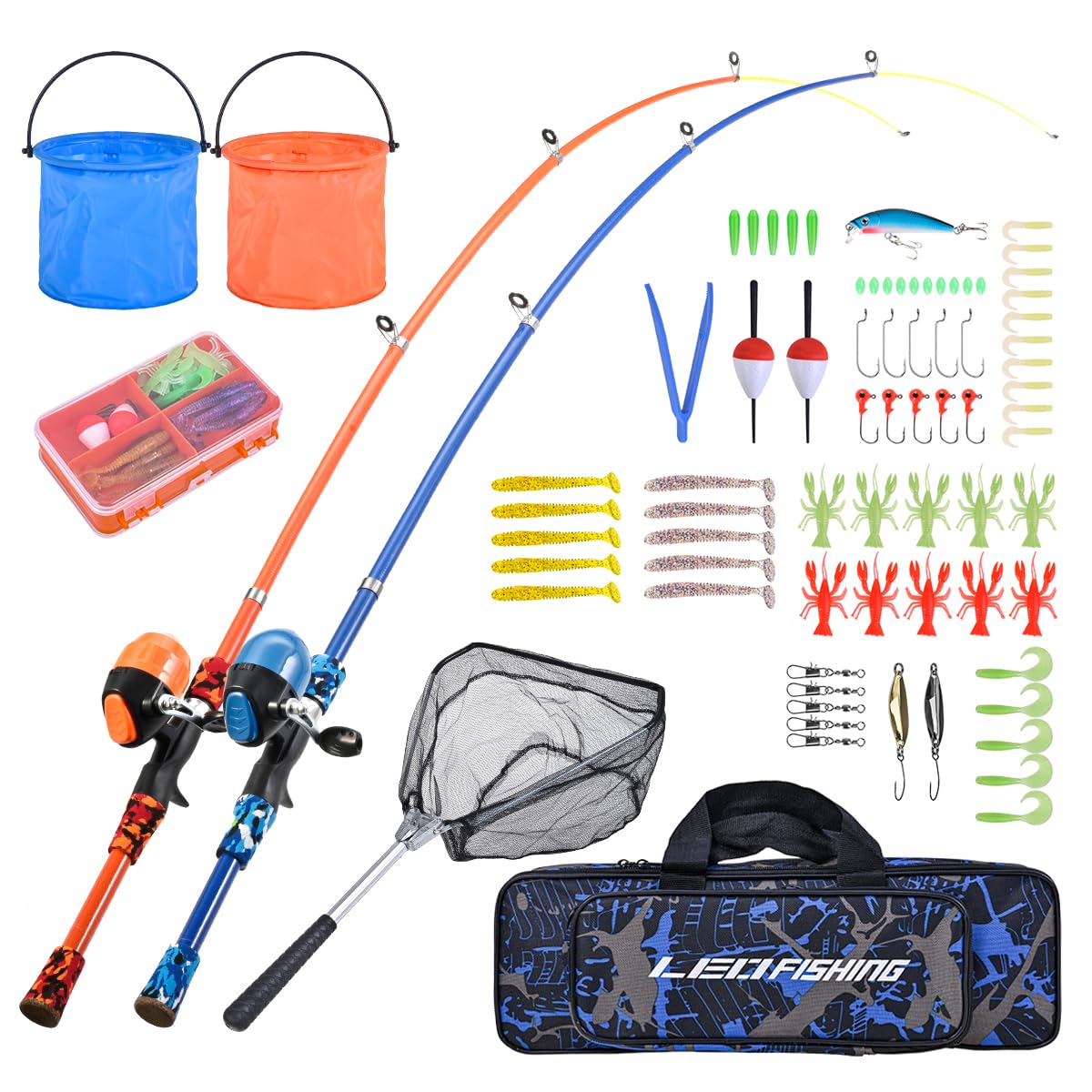 LEOFISHING kids fishing rod set 2Pack blue and orange front view