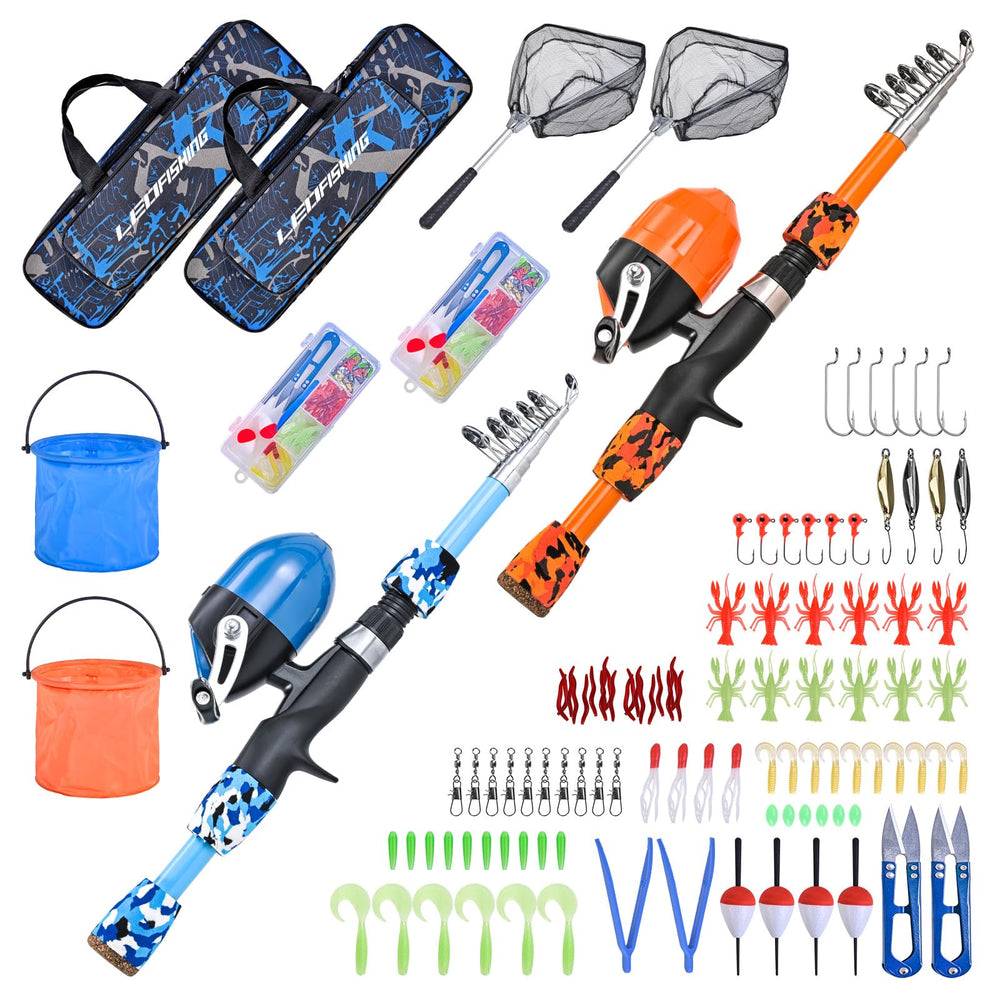 LEOFISHING 2set kids fishing pole blue cambos shown with starter kit for beginners