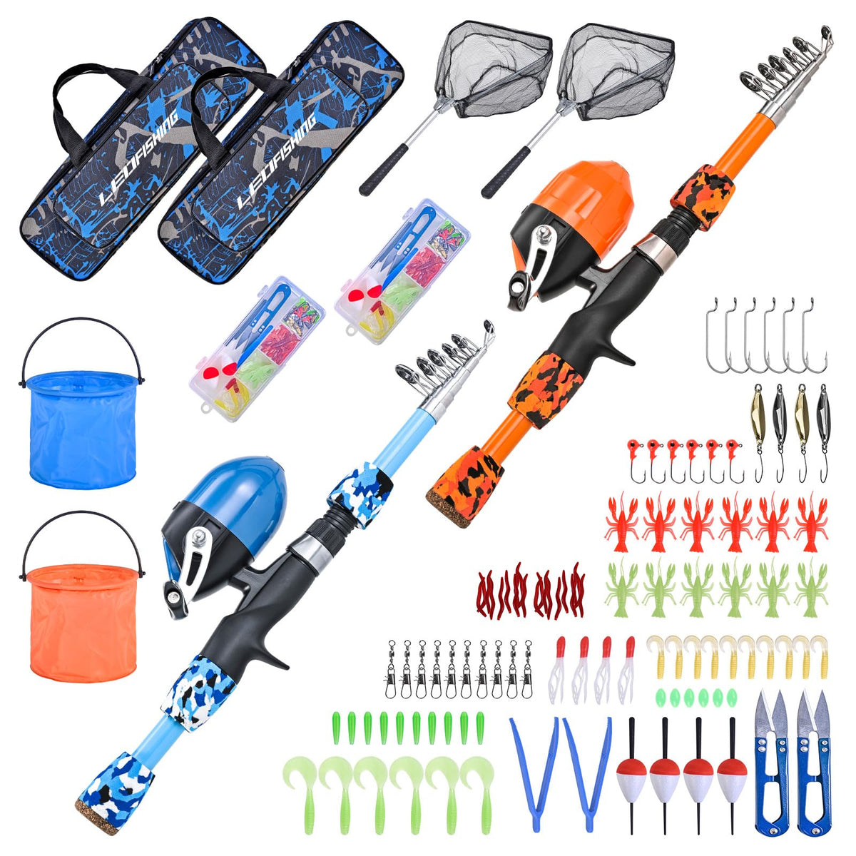 LEOFISHING 2set kids fishing pole blue cambos shown with starter kit for beginners