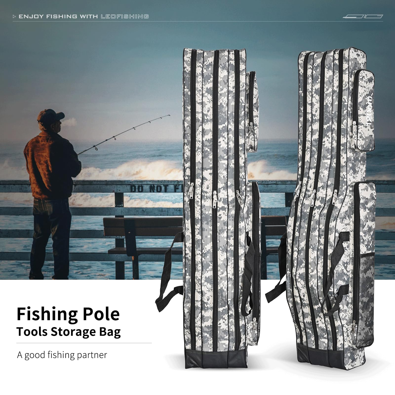 LEOFISHING grey camouflage 150cm bag fits long fishing rods.