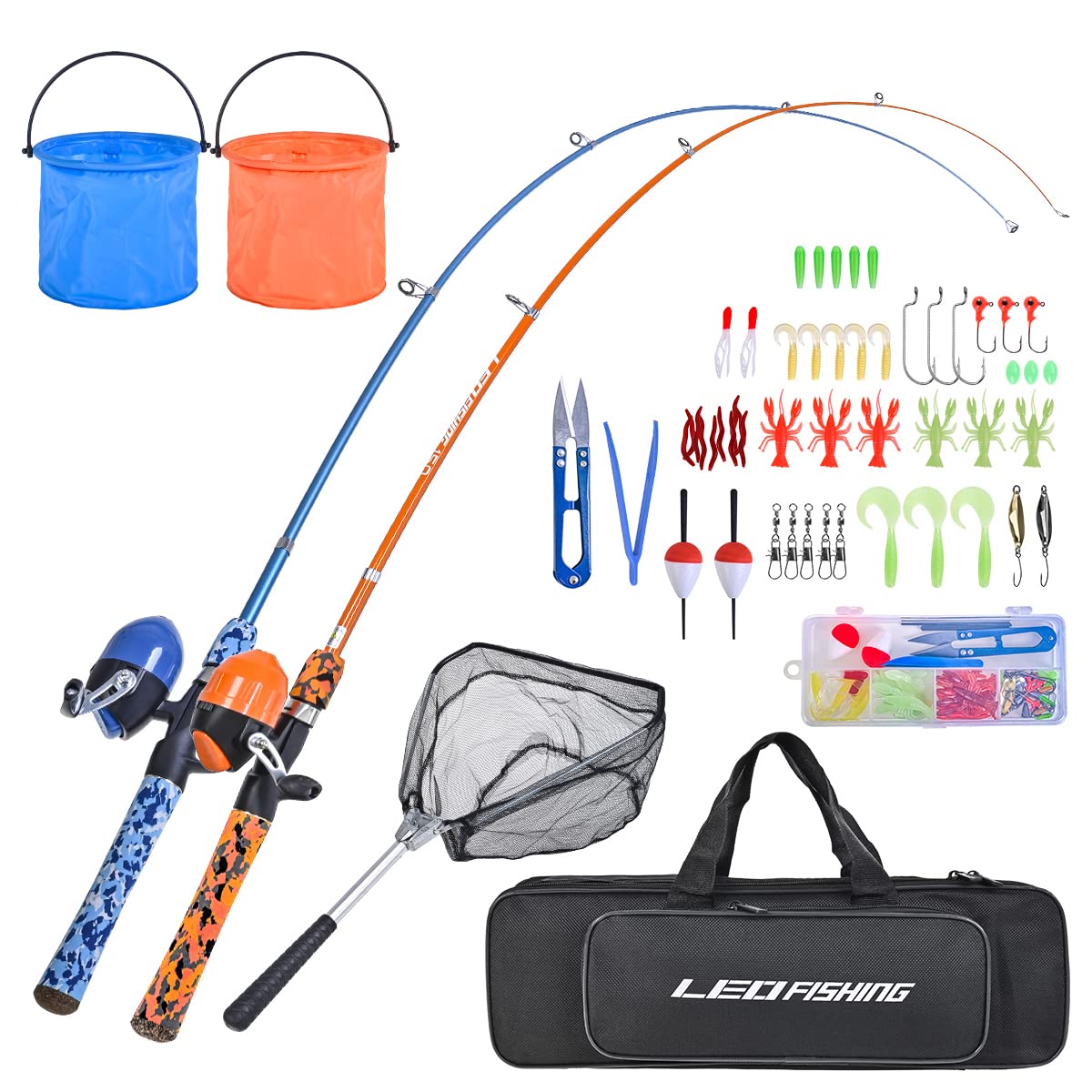 LEOFISHING kids fishing pole set in blue and orange with telescopic rod