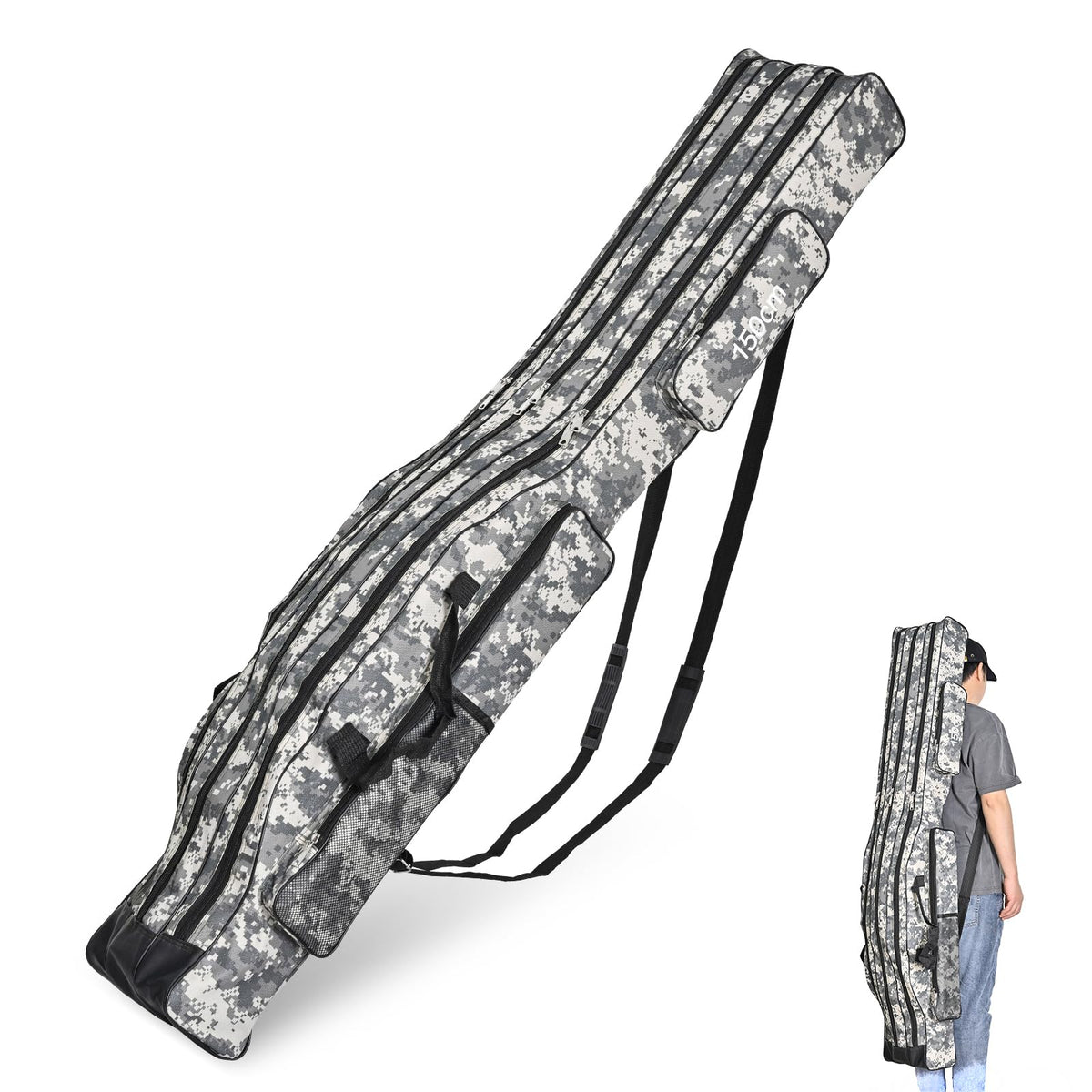 LEOFISHING portable 3-layer bag with organized compartments for rods and tackle.