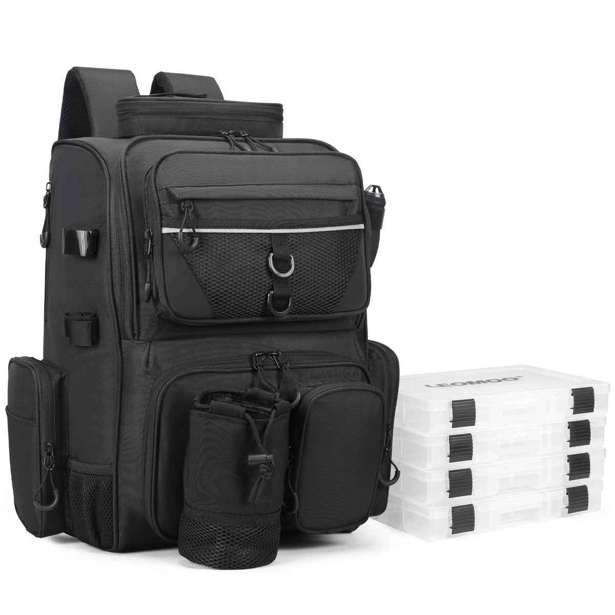 Front view of LEOMOO fishing backpack with rod holders