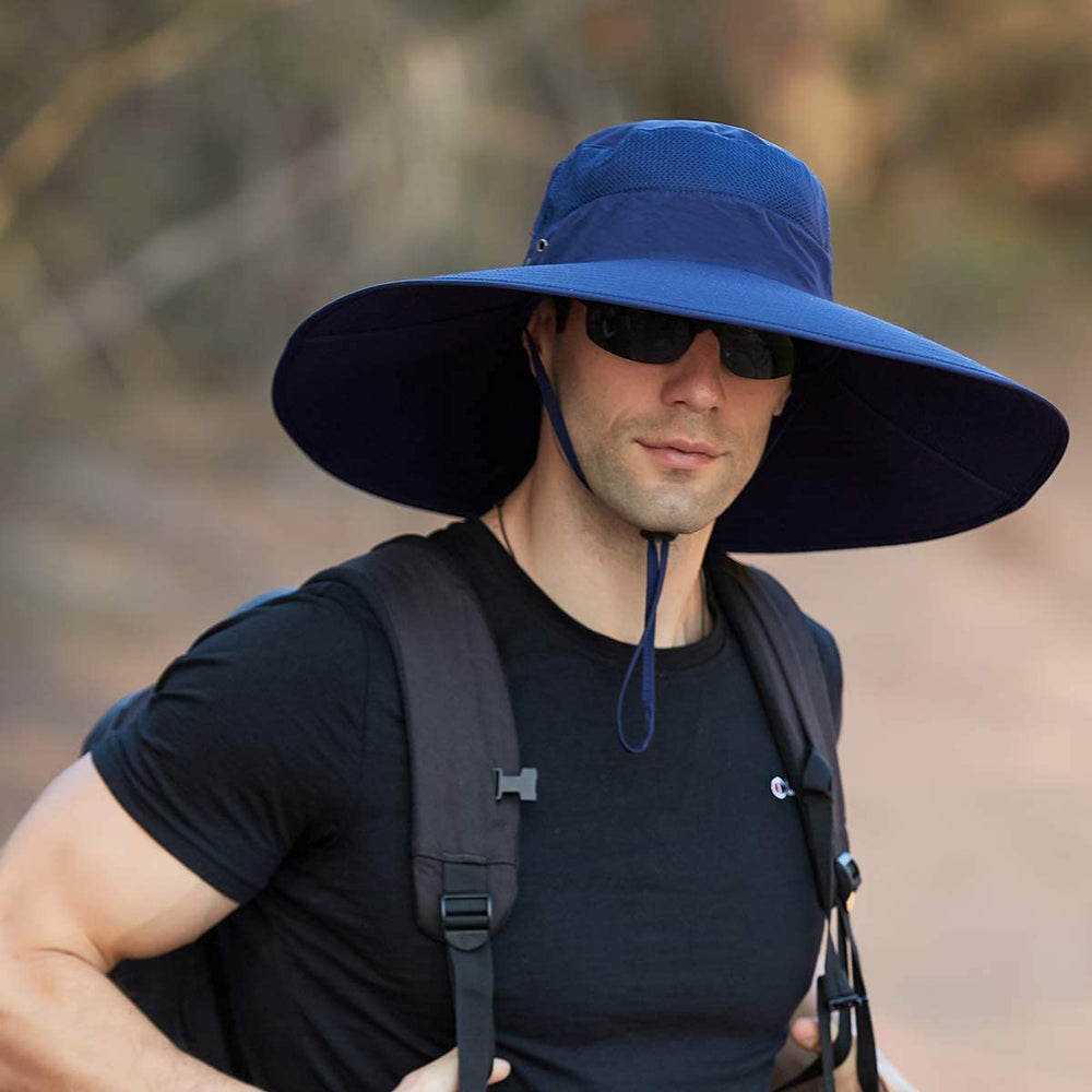 Leotruny navy brim closeup showing water-repellent finish for light rain.