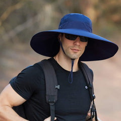 Leotruny navy brim closeup showing water-repellent finish for light rain.