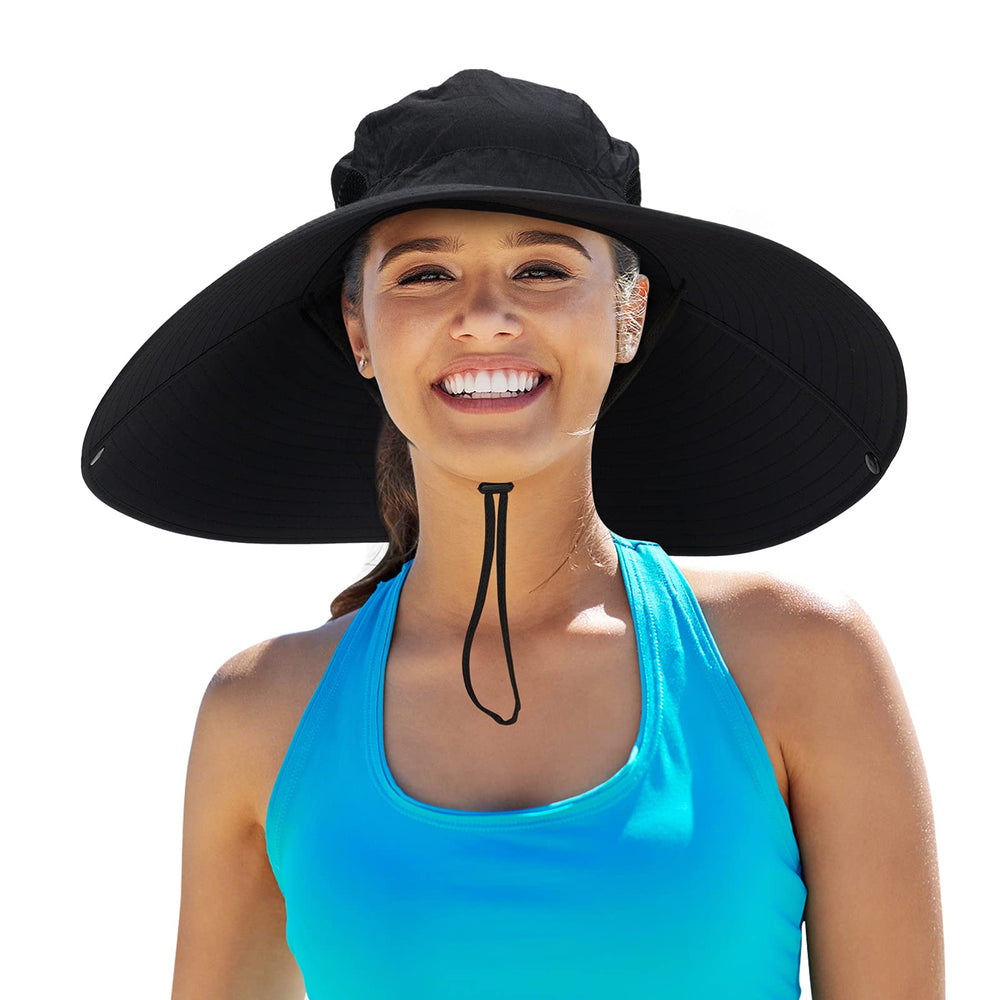 Leotruny wide brim sun hat black shields face and neck from harsh sun.