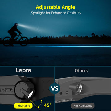 Lepro headlamp 230° wide beam illuminates a wide area for hands-free exploration.