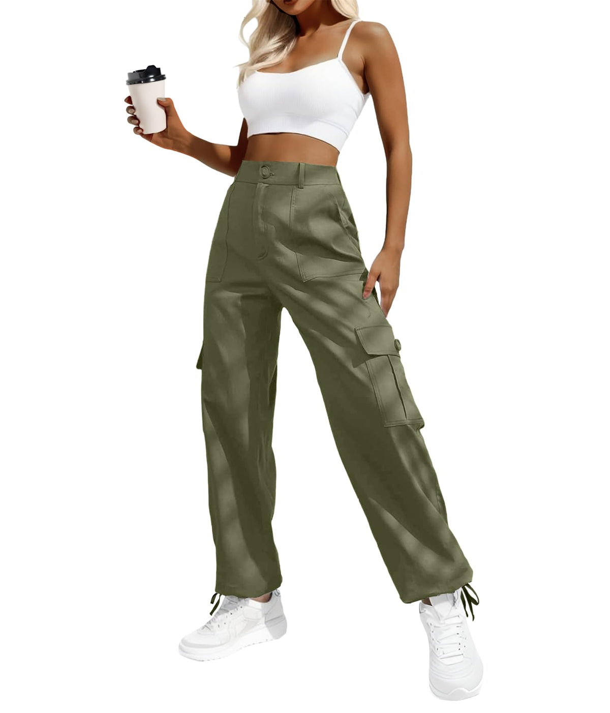 Lepunuo women's wide-leg cargo pants army-green front view for versatile daily wear