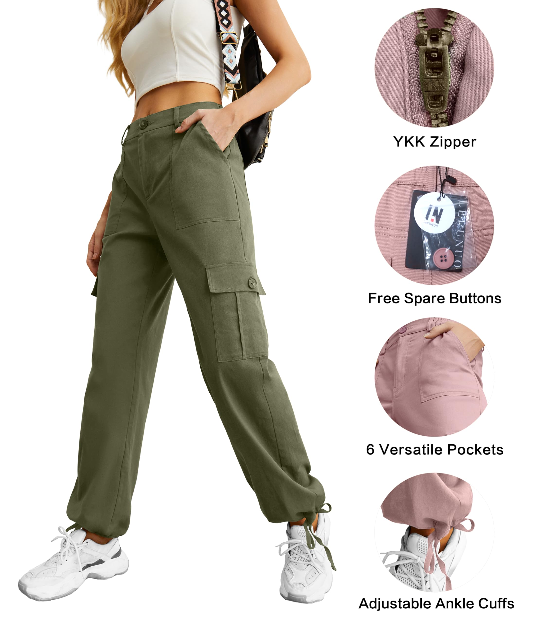 Lepunuo women's wide-leg cargo pants army-green waist close-up showing fit
