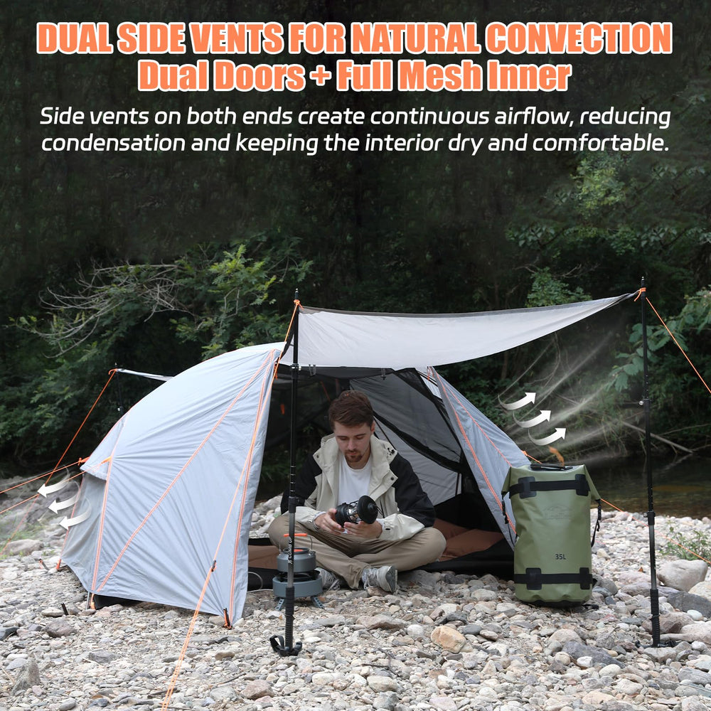 LEQC stable windproof tent fly detail shows PU5000mm waterproof layer.