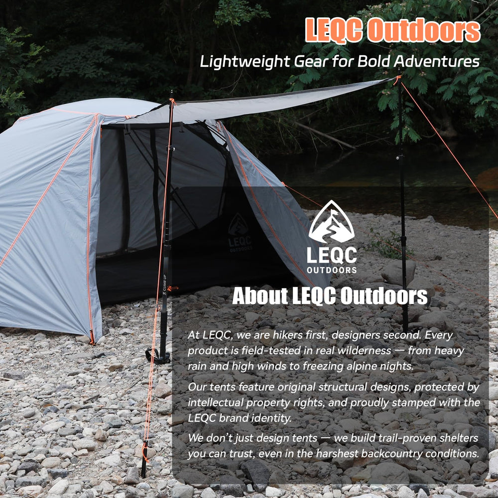 LEQC stable windproof tent freestanding setup on uneven ground.