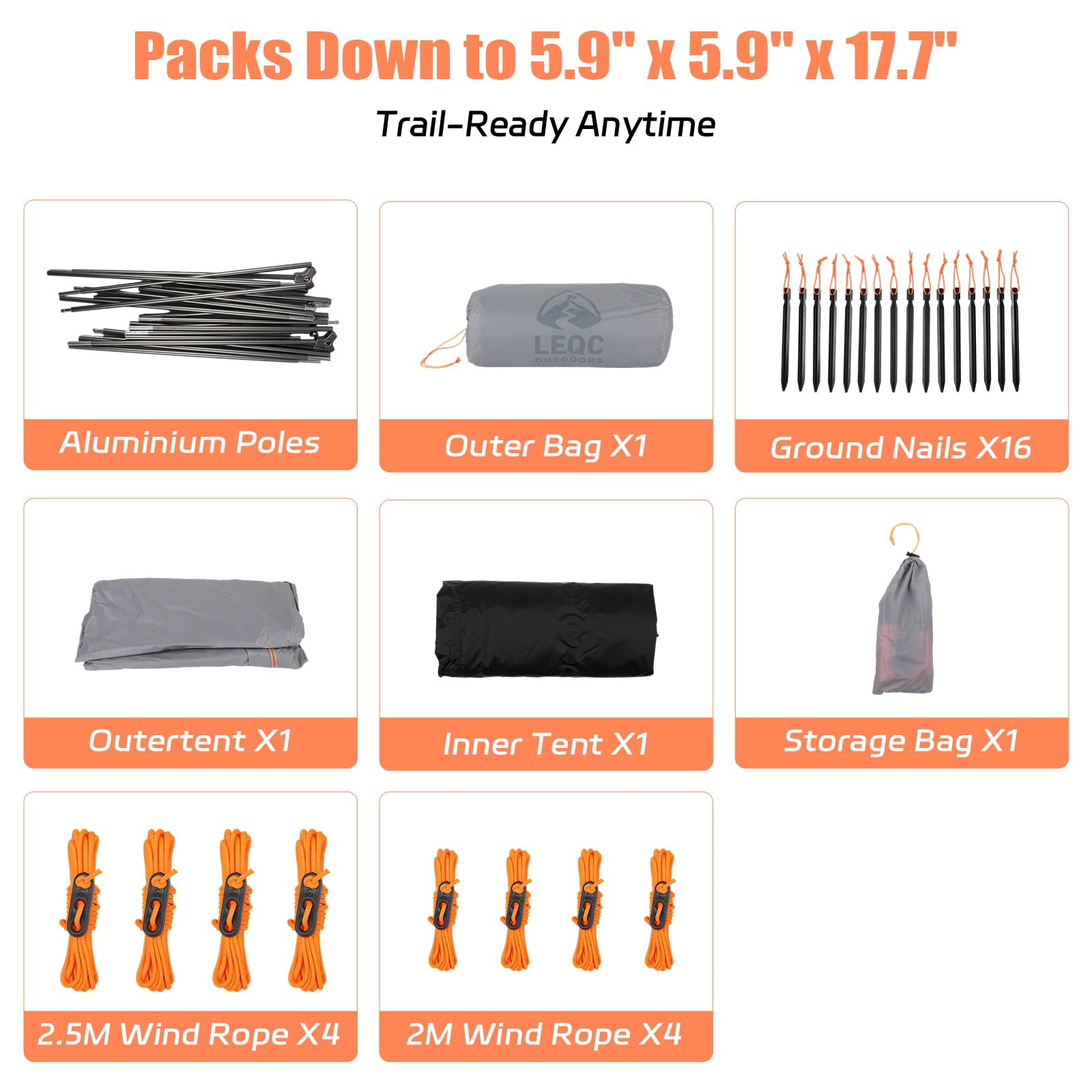 LEQC stable windproof tent guy lines and stakes for secure anchoring.