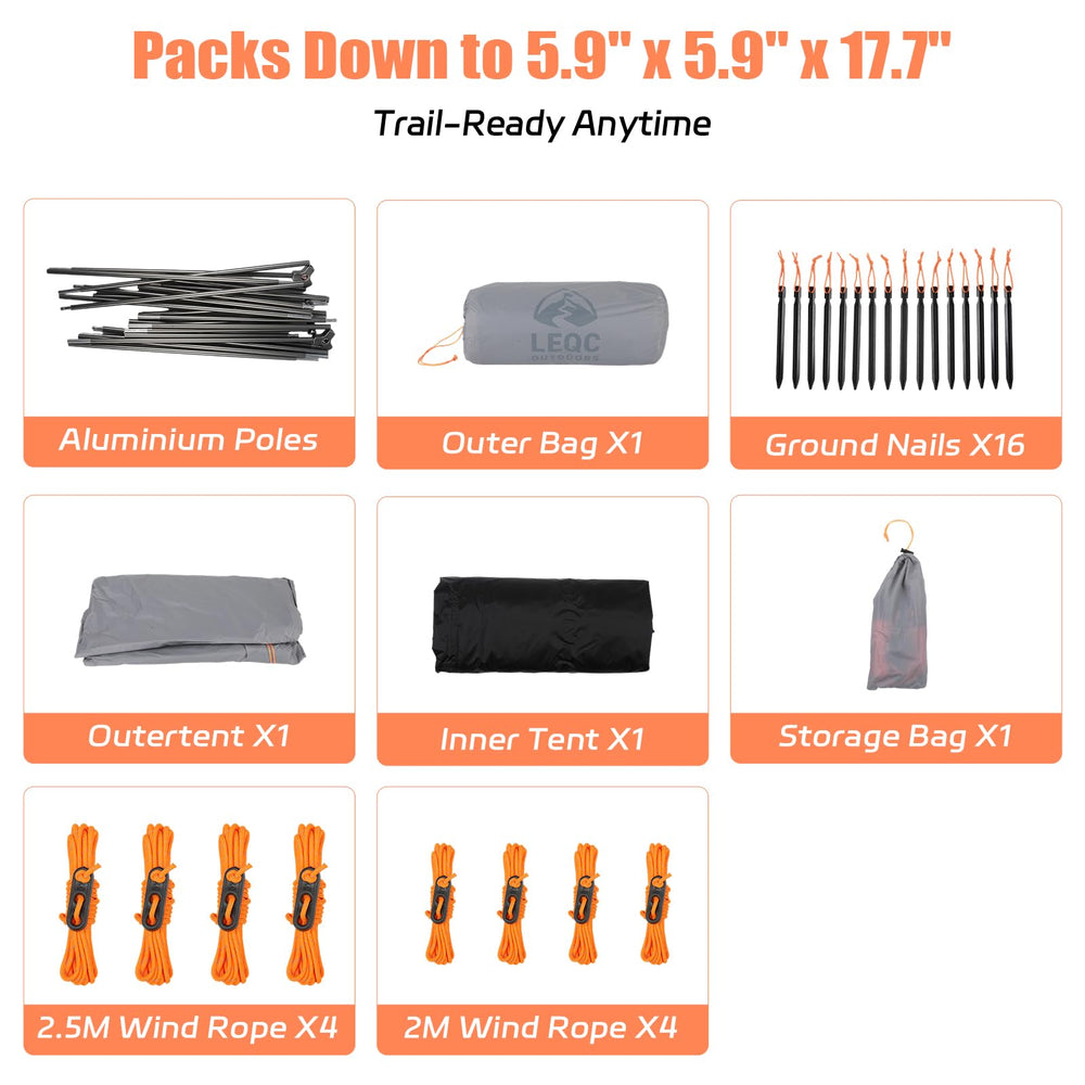 LEQC stable windproof tent guy lines and stakes for secure anchoring.