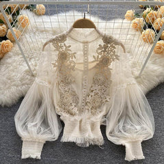 Letfool see-through lace blouse on model conveys bold retro vibe.