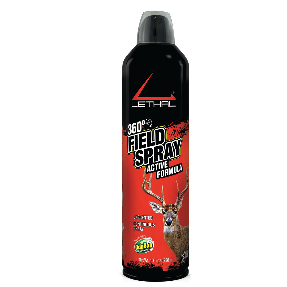 LETHAL 360 field spray unscented on hunting clothes for odor control.