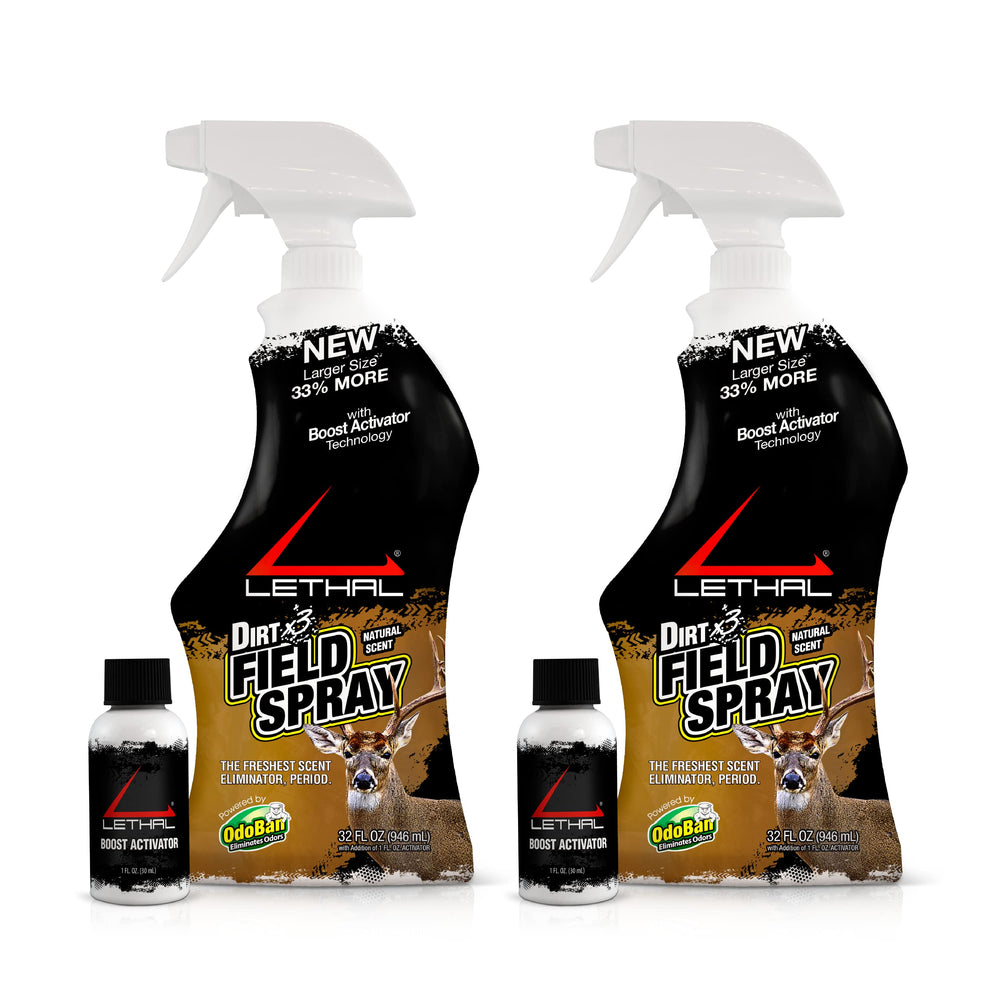 Lethal Dirt x3 field spray bottle front shows hunting scent elimination for clothes and gear.