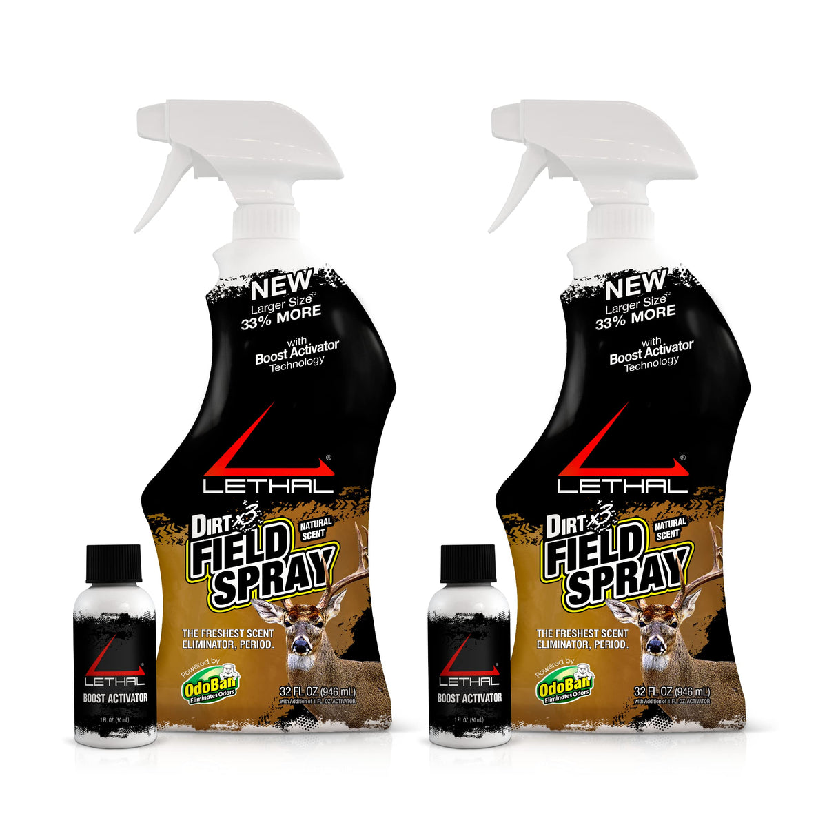 Lethal Dirt x3 field spray bottle front shows hunting scent elimination for clothes and gear.