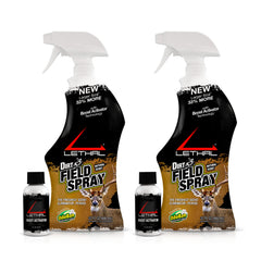 Lethal Dirt x3 field spray bottle front shows hunting scent elimination for clothes and gear.
