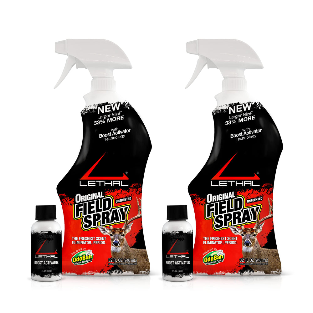 LETHAL Original Field Spray bottle showing scent elimination for hunting clothes and gear.