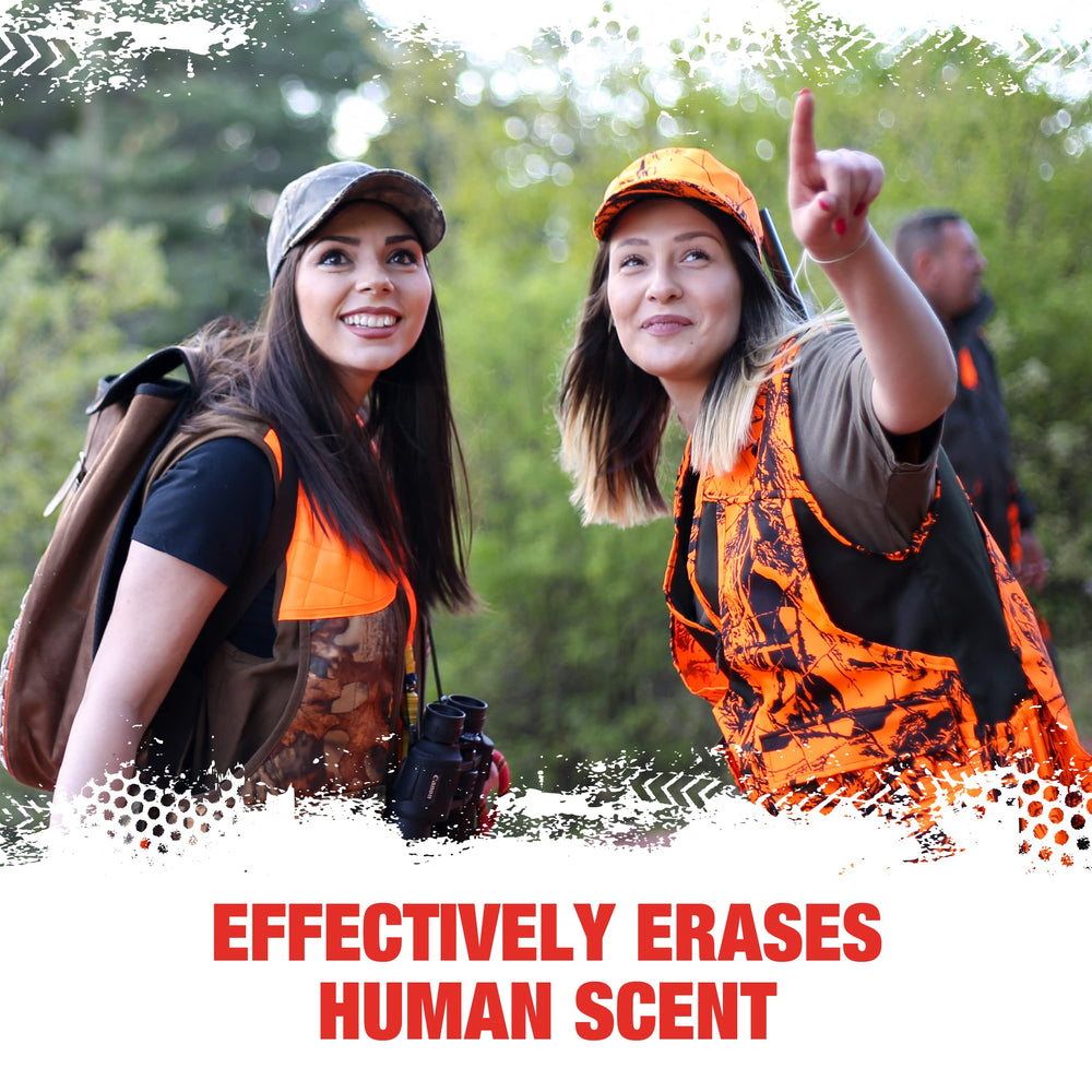 LETHAL Original hunting clothes in use with field spray for odor control.