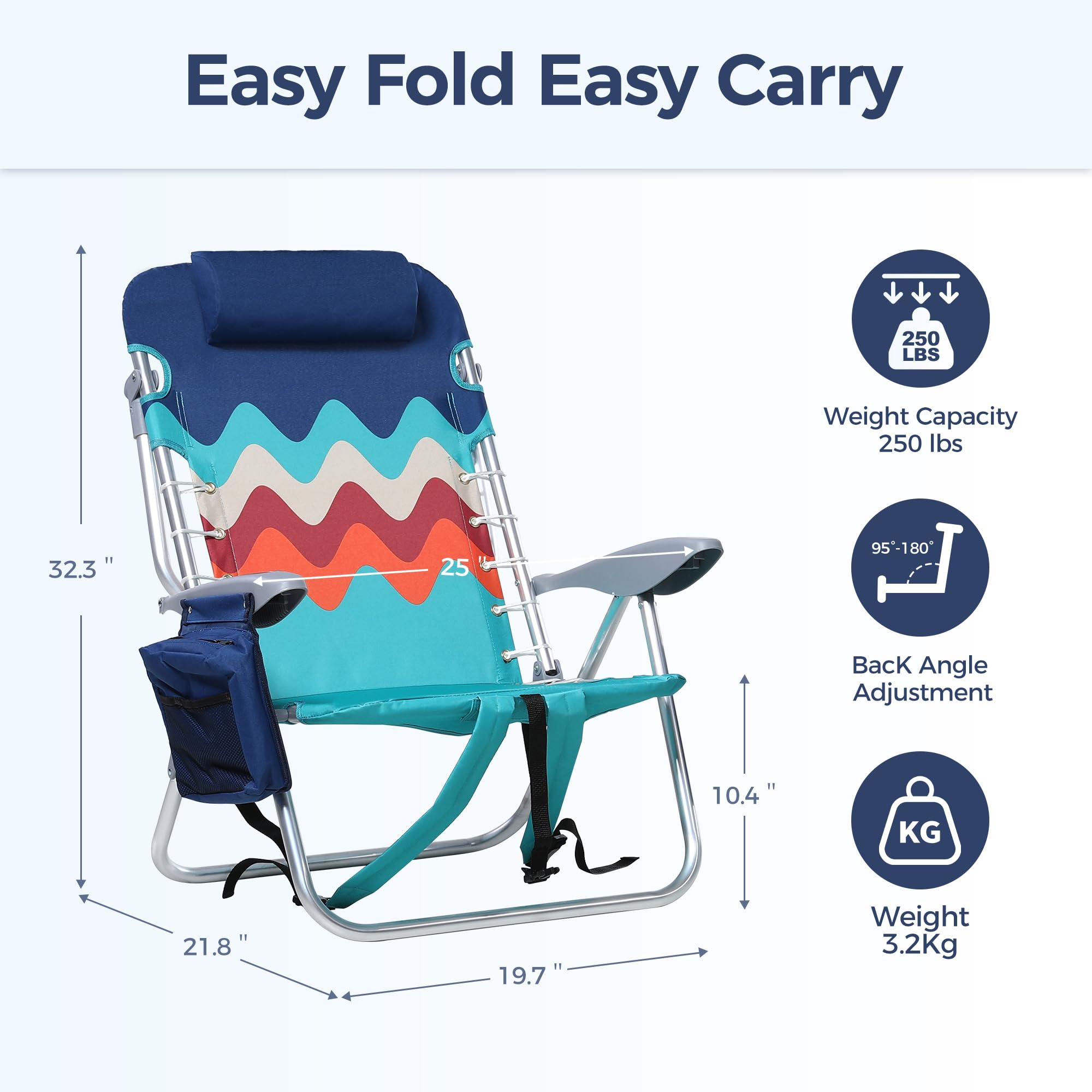 LET'S CAMP Beach Chair tilt-back feature for relaxed sunbathing or lounging.