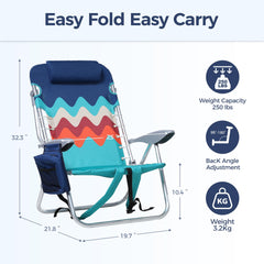 LET'S CAMP Beach Chair tilt-back feature for relaxed sunbathing or lounging.
