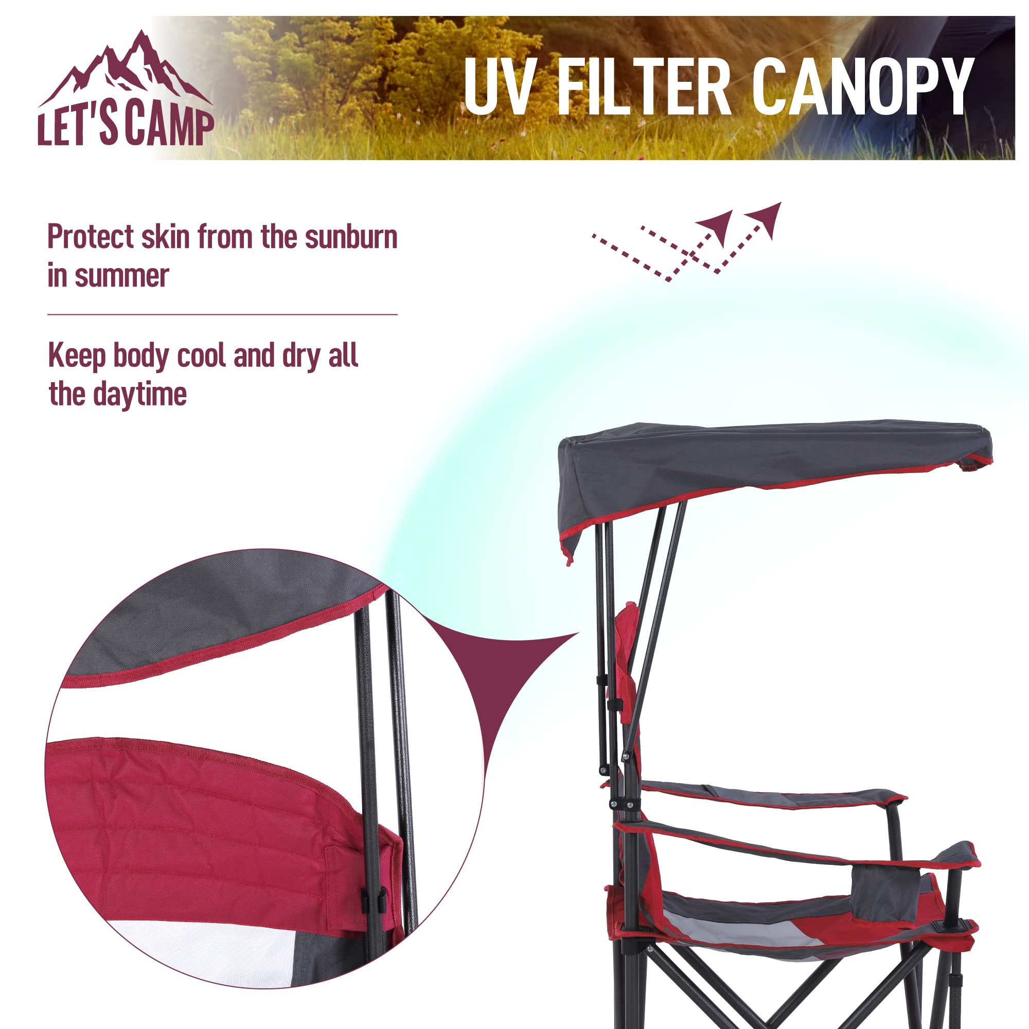 LET'S CAMP breathable mesh back and seat promote airflow