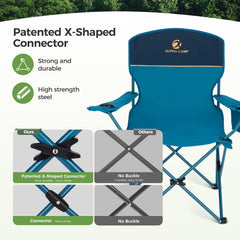 LET'S CAMP blue chair shows side pockets for easy access.