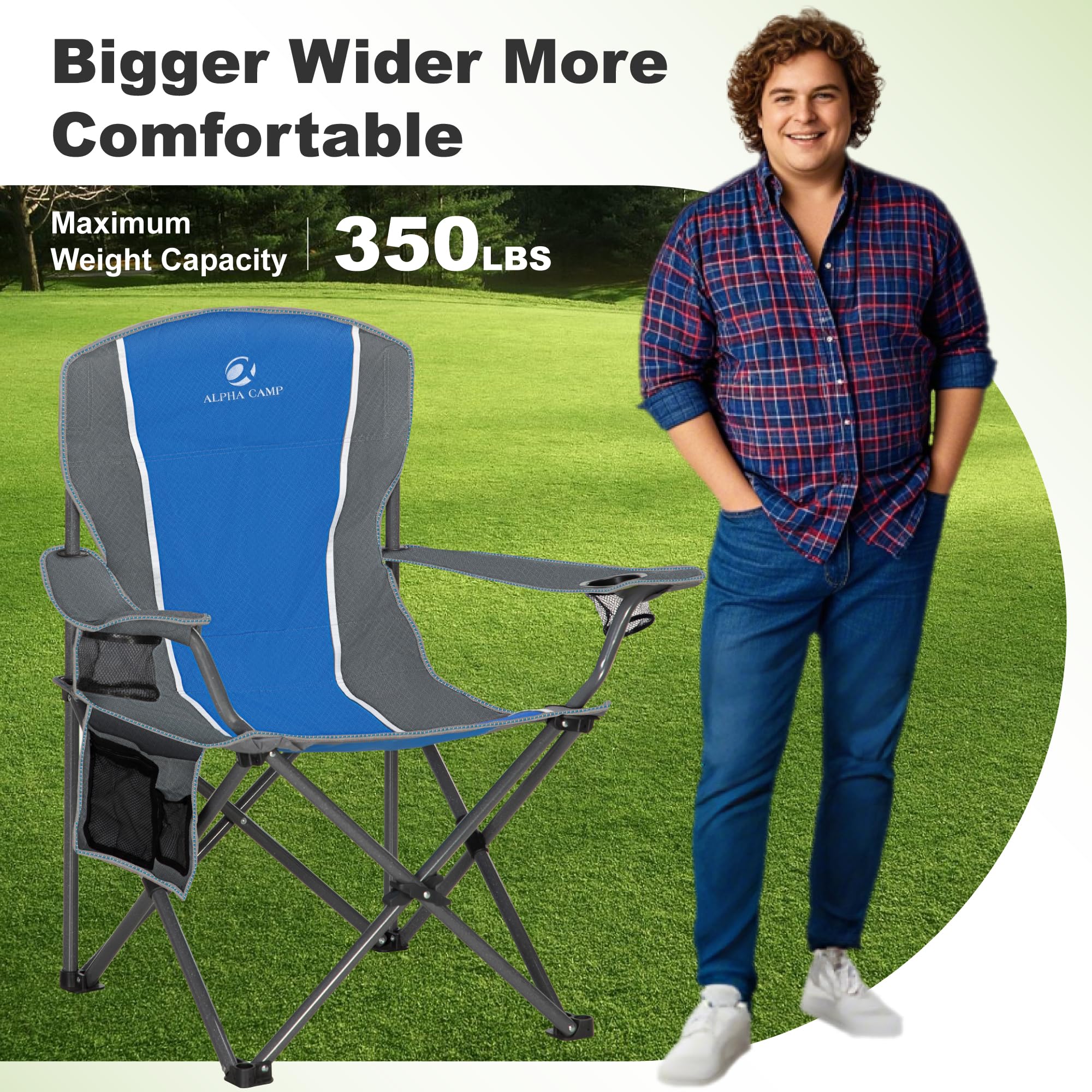 LET'S CAMP blue chair supports up to 350 lbs for versatile use.