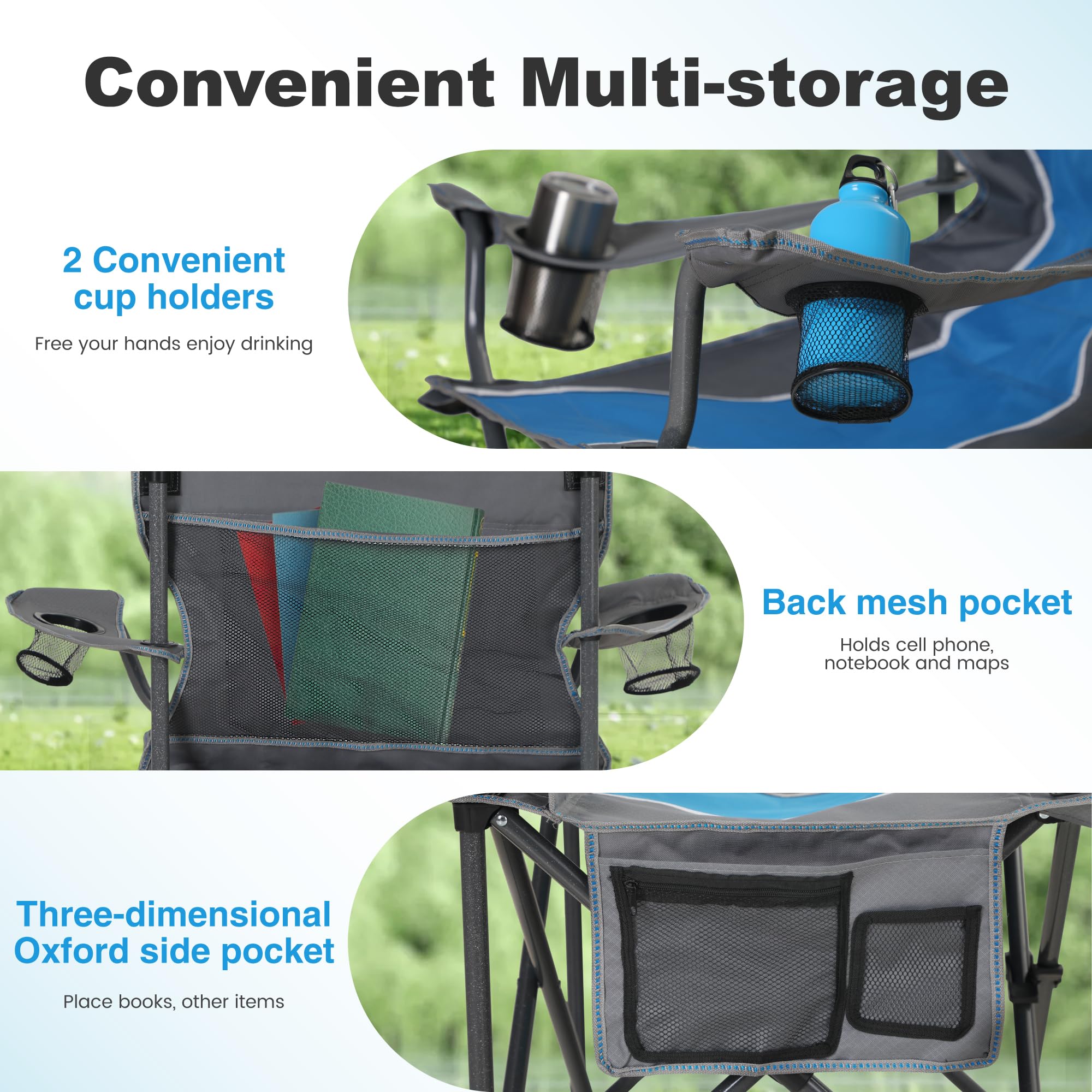 LET'S CAMP blue chair features durable 600D Oxford fabric for outdoors.