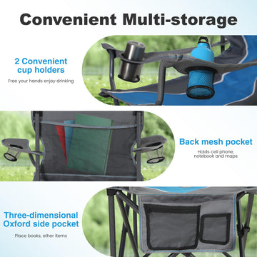 LET'S CAMP blue chair features durable 600D Oxford fabric for outdoors.
