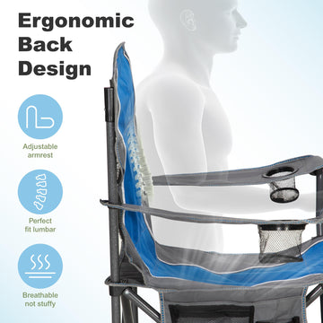 LET'S CAMP blue chair features powder-coated steel frame for stability.