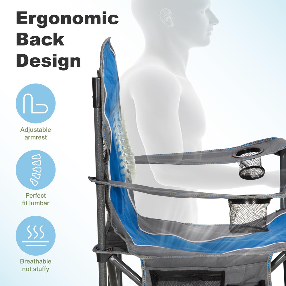 LET'S CAMP blue chair features powder-coated steel frame for stability.