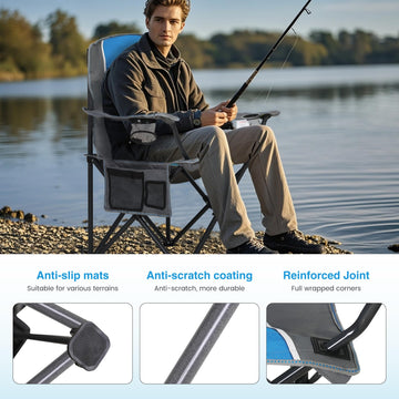 LET'S CAMP blue chair with storage back bag carries extra gear.
