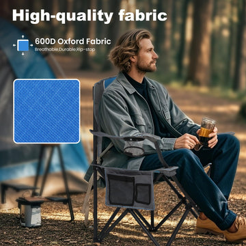 LET'S CAMP blue chair with side storage pocket keeps items handy.