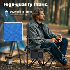 LET'S CAMP blue chair with side storage pocket keeps items handy.