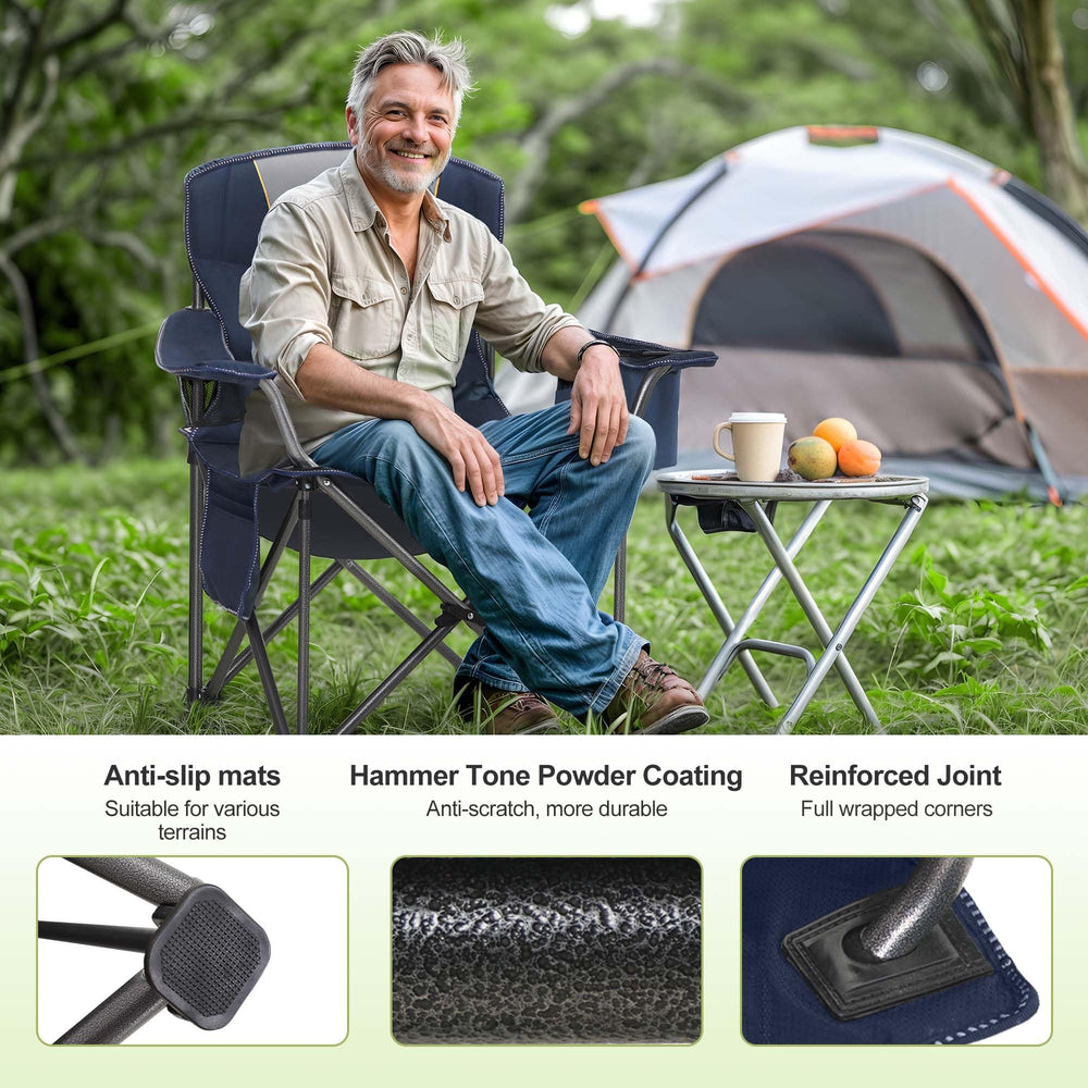 LET'S CAMP chair with built-in cup holder and side pocket for essentials