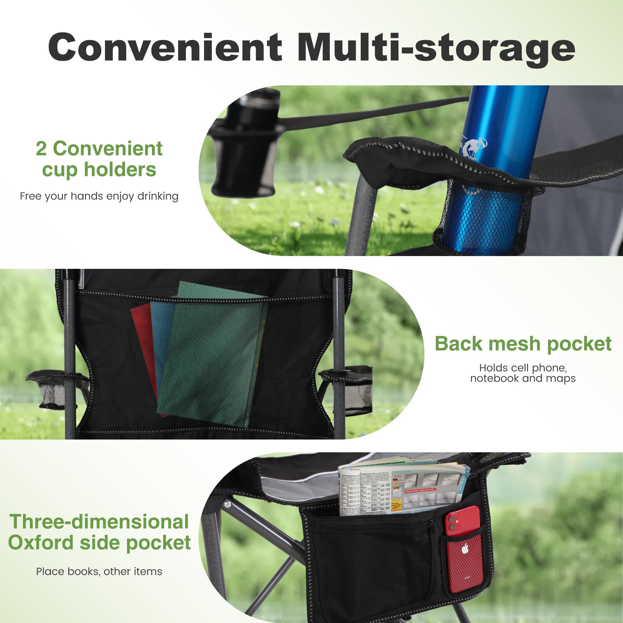 LET'S CAMP chair with cup holder and storage pocket for essentials