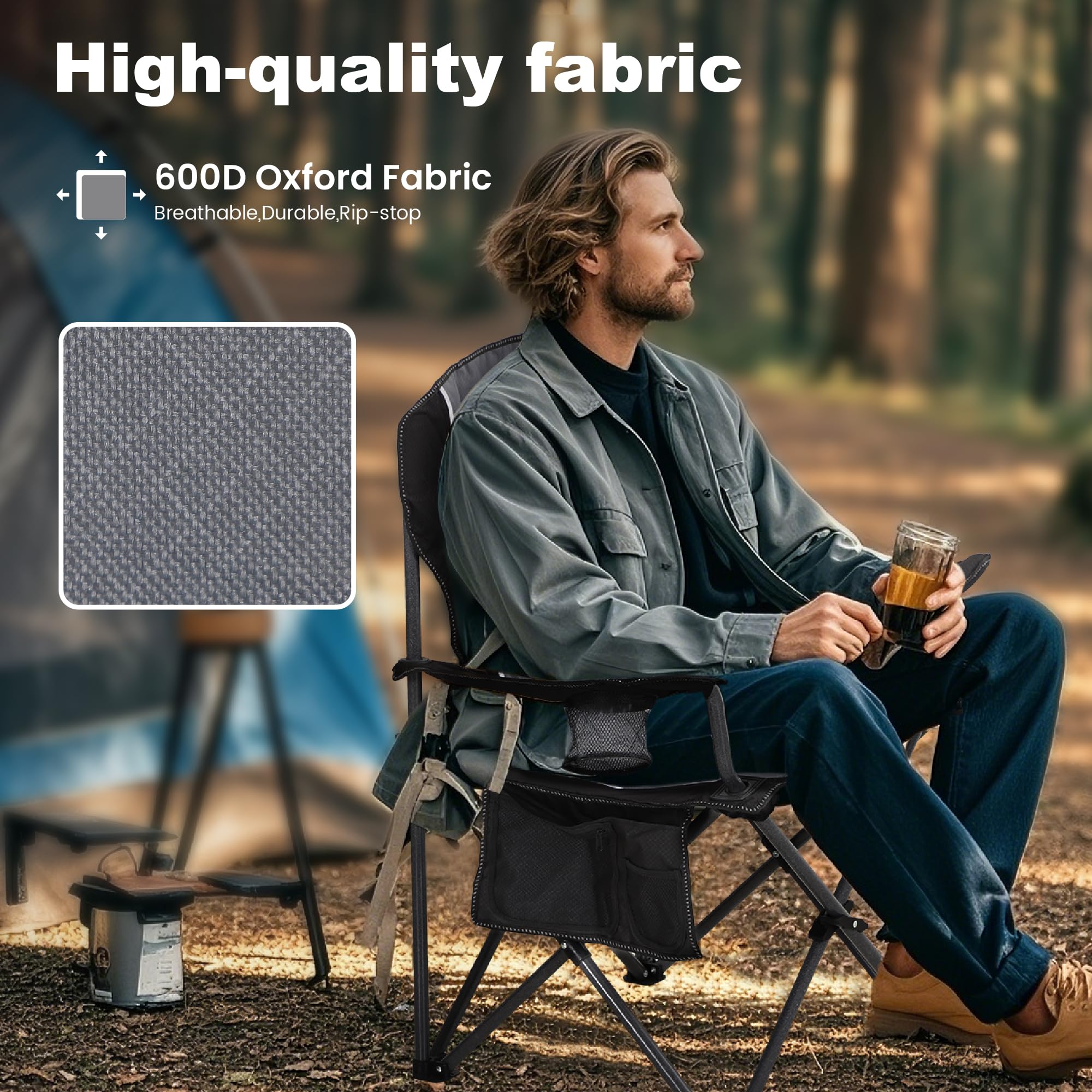 LET'S CAMP chair with ergonomic back and cushioned armrests for comfort