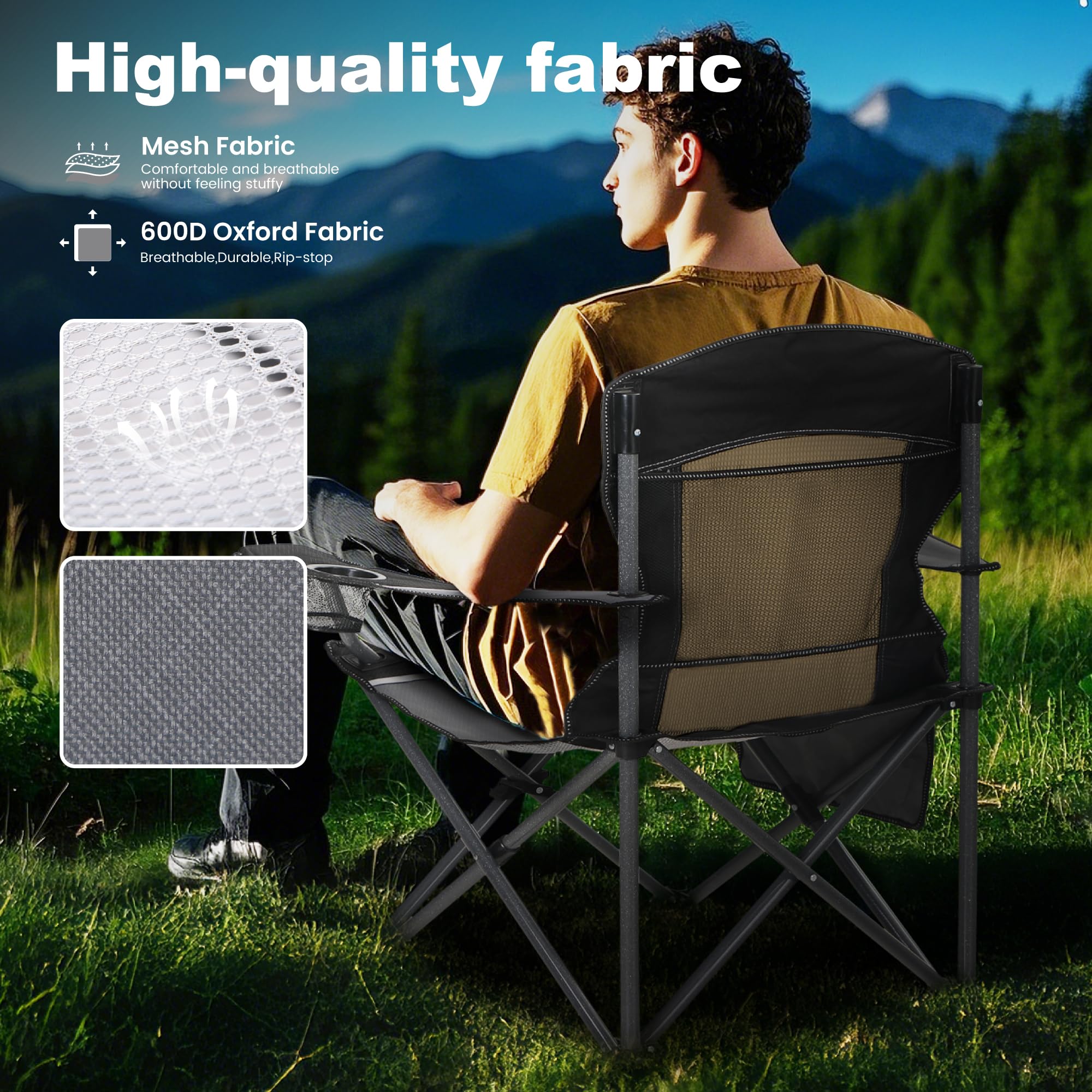 LET'S CAMP chair cup holder and side pocket for convenient essentials.